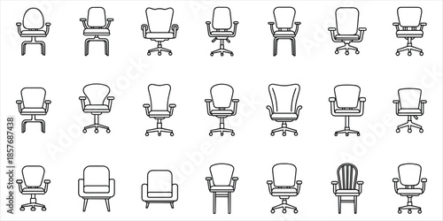Collection of Outline Icons of Office Chairs on White Background Keywords: office chair, furniture, interior, design, icon
