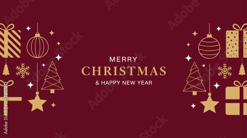 Elegant merry christmas and happy new year greeting card with festive decorations