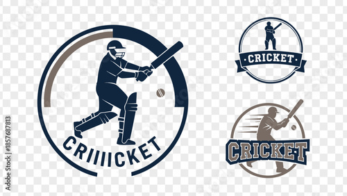 Creative cricket logos and emblems with batsman playing shot isolated