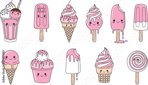 Cute Pink Ice Cream and Popsicle Illustration Collection with Smiling Faces Sweet Desserts and Frozen Treats Cartoon Vector Set