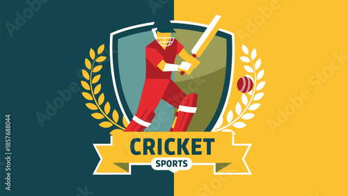 Colorful cricket sports logo with a batsman and trophy elements
