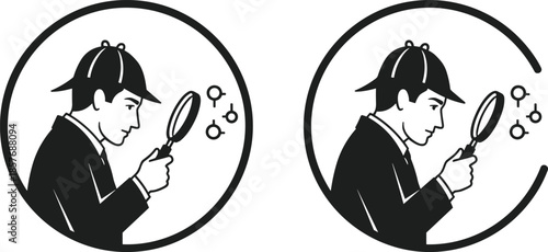 Detective Icon with Magnifying Glass and Clues on White Background Keywords: detective, investigator, magnifying glass, search