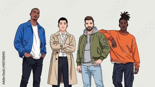 Diverse Group of Men in Stylish Casual Outfits Illustration.