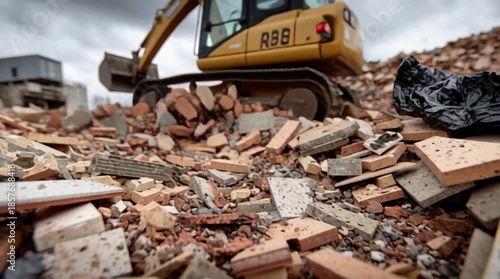 Demolition site with rubble and excavator under cloudy sky