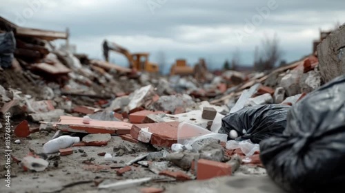 Destruction site with rubble and debris scattered everywhere outside
