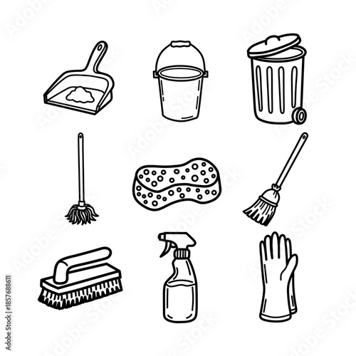 Hand Drawn Cleaning Service Doodle Icon Set. Black and white outline vector collection of household chores tools for coloring.