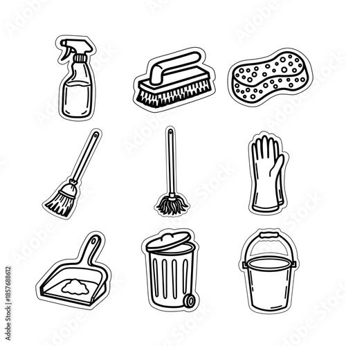 Housekeeping and Cleaning Tools Sticker Sheet. Printable vector set of broom, mop, and bucket with white border style.