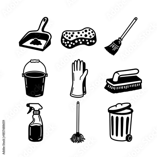 Detailed Black Cleaning Icons with White Lines. Vector set of housekeeping glyphs with negative space details.