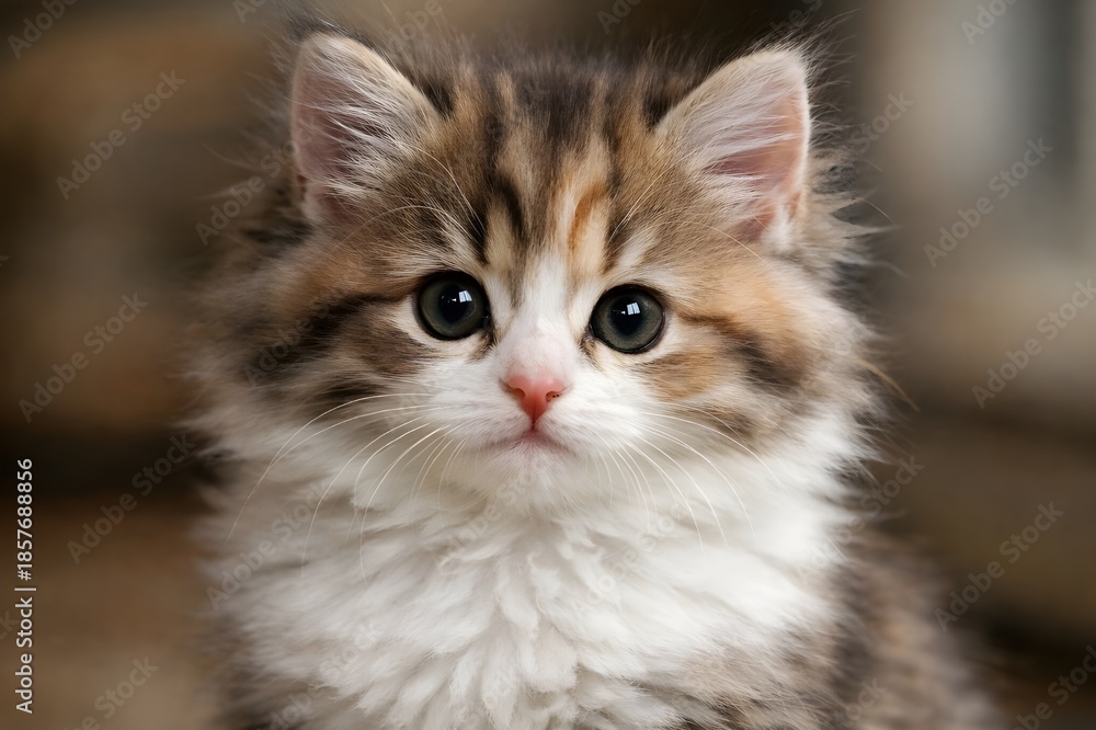 Fototapeta premium Close-up portrait of a fluffy tabby kitten with bright, curious eyes and soft fur