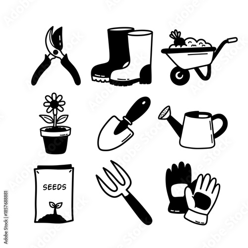 Decorative Black Gardening Icons with White Details. Vector set of farm tools glyphs with internal negative space lines.
