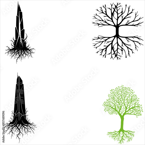 Set of vector trees featuring black silhouette branches and green spring leaf patterns for a nature forest illustration design