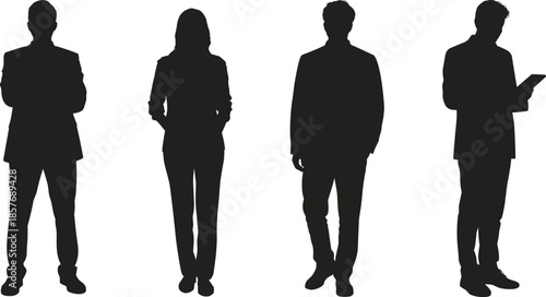 Business people silhouettes standing poses, professional men women teamwork concept, corporate lifestyle figures isolated, leadership confidence modern workplace illustration