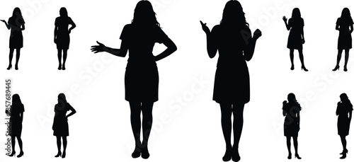 Business woman silhouette set in various poses, professional female gestures, office communication concept, isolated people vector illustration collection