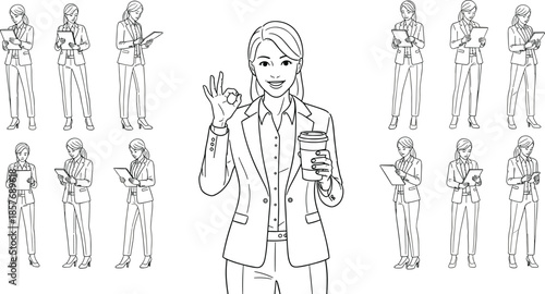 Businesswoman character poses set, professional office female reading documents, coffee cup gesture, clean line art vector illustration