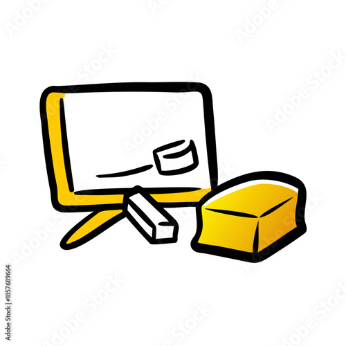 3 D render of a red plastic eraser icon a teal plastic box of colorful modeling clay and a small wooden framed chalkboard with a chalk X, white background , png ... See More
