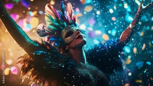 A woman with a colorful feathered mask and costume celebrates at a carnival in Venice. Confetti falls around her, creating a festive atmosphere.