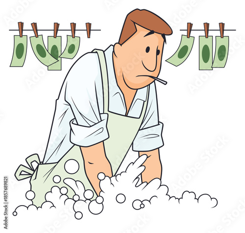Worried man washing illegal money.