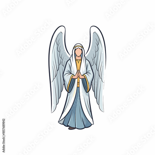 Serene angel illustration with praying hands and white wings in a calm environment viewed from the front
