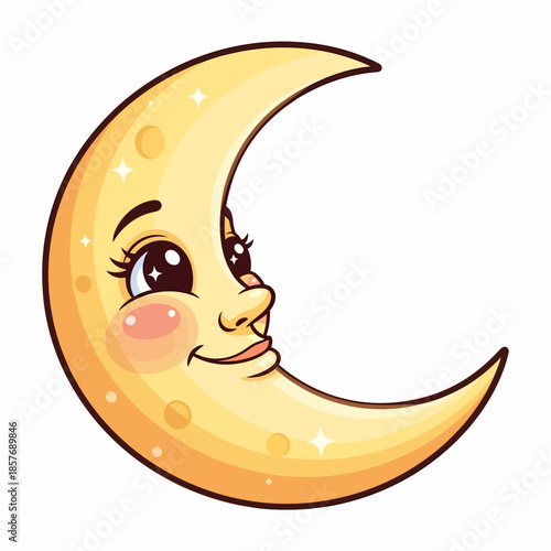 A smiling crescent moon with a face gazes from a clear night sky