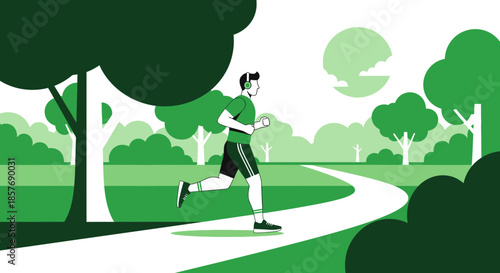 Man Jogging in Park Illustration, Healthy Lifestyle and Outdoor Exercise