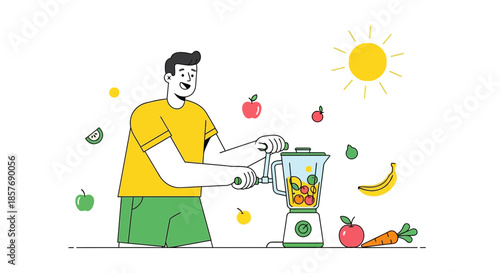 Man Making Healthy Fruit Smoothie, Fresh Ingredients, Wellness Concept