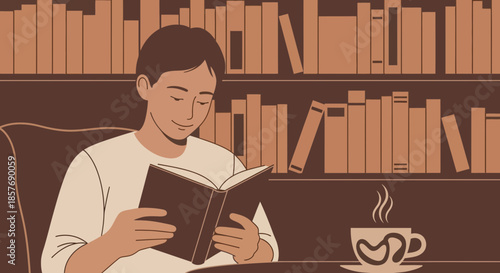 Man reading a book in a library with a cup of coffee