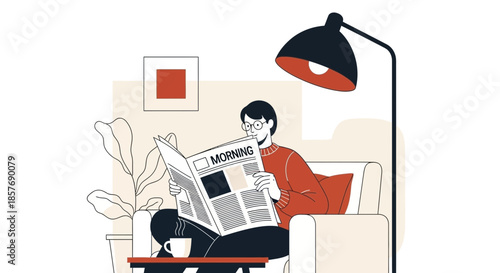 Man Reading Newspaper Morning Coffee Relaxing on Sofa Under Floor Lamp