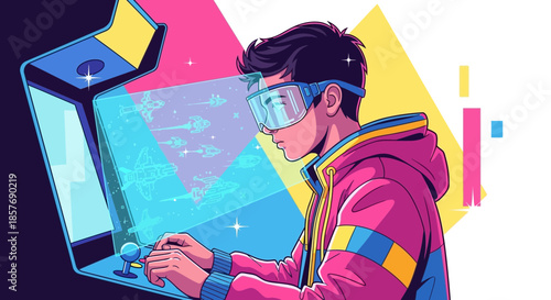 Retro Gamer Plays Arcade Game with VR Headset, Immersive Retro Gaming Experience