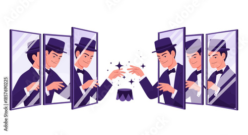 Magician Performing Illusion with Mirrors and Sparkling Effects