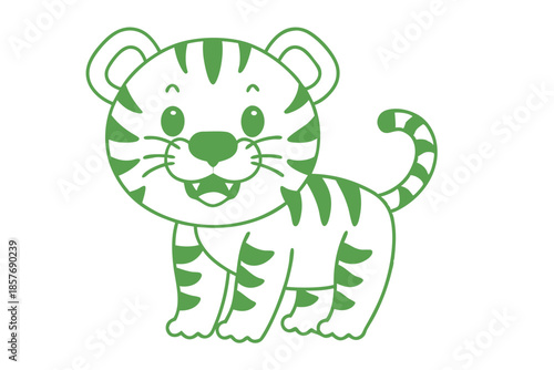 Cute cartoon tiger cub with green stripes smiles playfully at the viewer