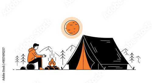 Man camping by campfire near tent with mountain landscape and sun illustration