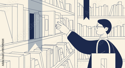 Man Choosing Book from Shelf in Library, Bookstore, Education Concept Illustration