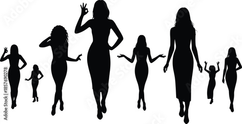 Women silhouettes walking confident poses, female body language gestures, fashion lifestyle figures isolated, empowerment elegance modern illustration design