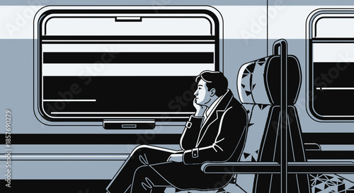 Man contemplating while traveling by train, looking out window
