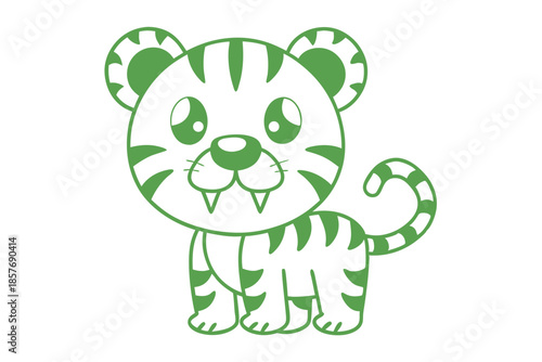 Cartoon tiger cub gazes forward with a sweet, innocent expression in green outline