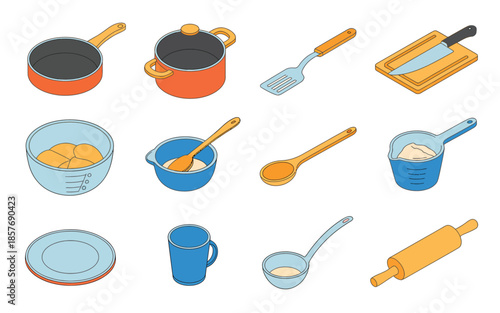 Isometric Kitchenware and Culinary Cooking Utensils Icon Set for Food Preparation