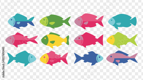 Colorful cartoon fish collection isolated on transparent background
