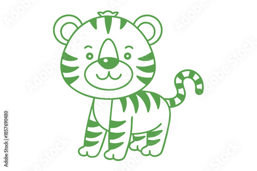 Smiling cartoon tiger with green stripes stands cheerfully in a playful outline style