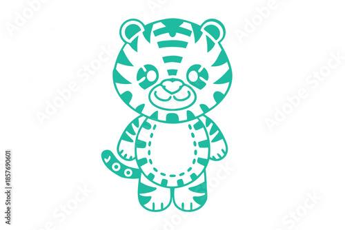 Teal tiger cub with a round head smiles gently on white background