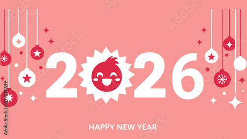 Happy new year 2026 celebration with festive decorations and cute character