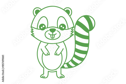 The outlined, green raccoon smiles happily, showing its teeth, and has a striped tail