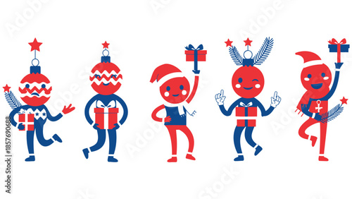 Cute holiday characters holding gifts in festive outfits and poses