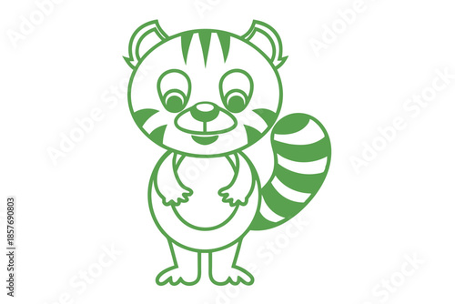 A cute green outline of a raccoon stands smiling with both hands forwards
