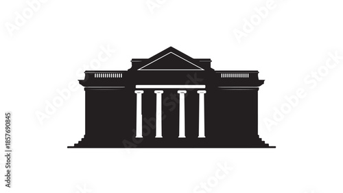 Government building silhouette in classic neoclassical style with dramatic black and white contrast on plain white background for architecture template