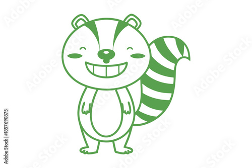 Smiling green raccoon character stands with a striped tail and looks happy