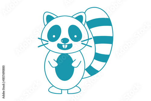 Playful raccoon stands upright in a teal outline, smiling sweetly on a white backdrop
