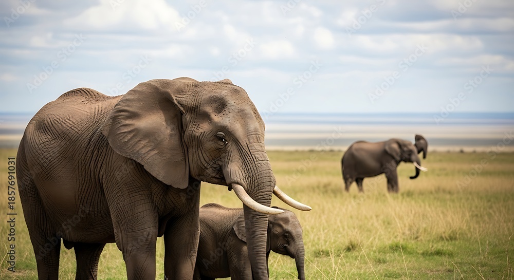 Fototapeta premium African Elephants in the Savannah - A Majestic Family.
