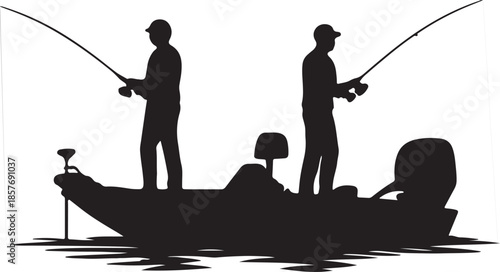 Two men fishing on a bass boat silhouette vector