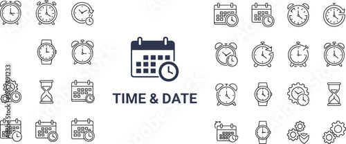 Collection of time and date line icons, calendar and clock symbols set, stopwatch, hourglass, wrist watch and alarm vector, schedule management elements, isolated,