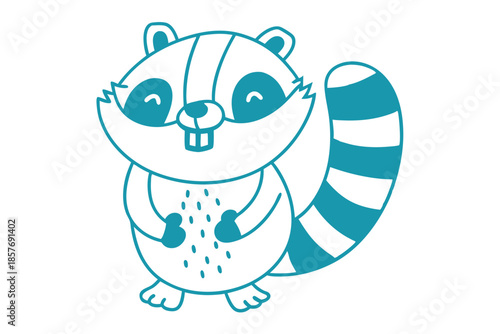 Smiling cyan raccoon with seeds and striped tail stands cheerfully on a white backdrop